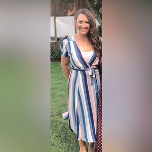 Blue striped wrap dress